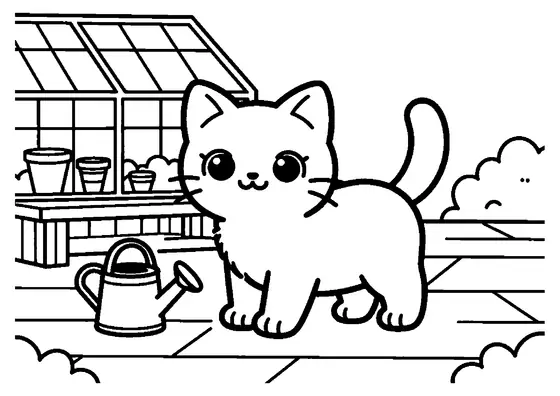 A small kitten standing in a garden greenhouse beside a watering can and potted plants.