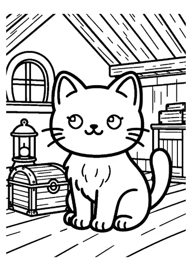 A cheerful kitten in an attic beside an old chest and a round window.