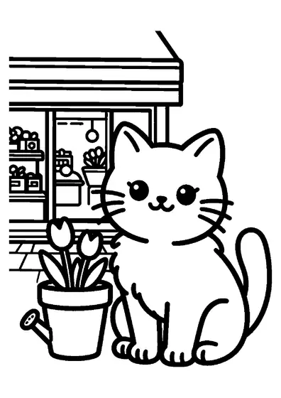 Gatito sentado entre macetas de flores en la entrada de una floristería.