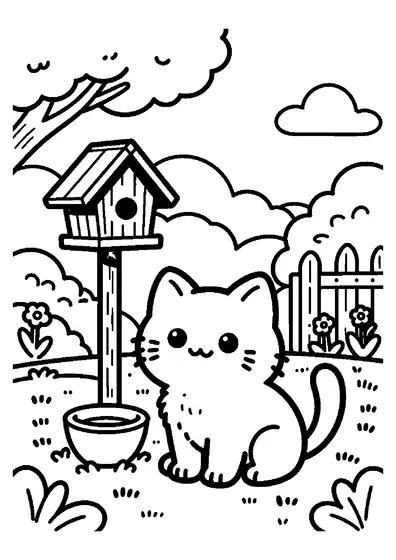 A kitten sitting on green grass beside a tall wooden birdhouse.