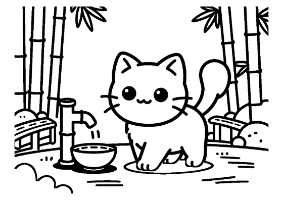 Un chaton joyeux qui avance sur un chemin de gravier dans un jardin, à côté d'une fontaine en bambou et d'un petit pont en bois.