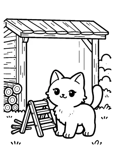 Gatito sentado junto a una pequeña escalera en el leñero de madera