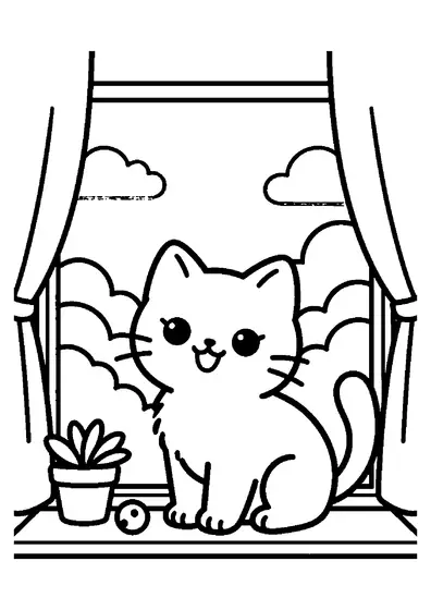A kitten sitting on an indoor windowsill looking out an open window.