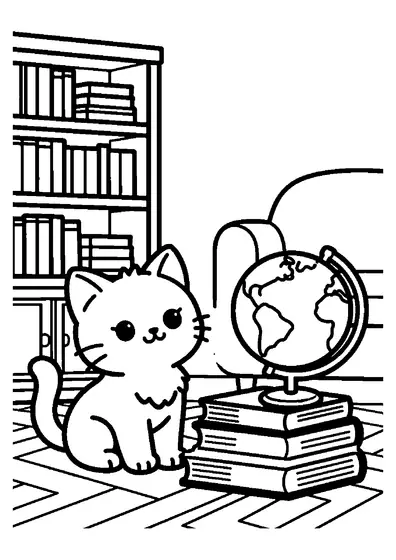 Coloriage d'un chaton curieux assis dans un coin lecture, près d'une pile de livres et d'un globe terrestre.