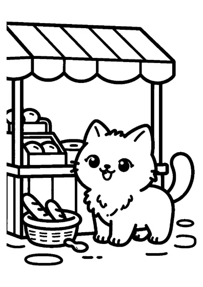Un chaton duveteux debout à côté d'un panier de pain frais sur un marché de village.
