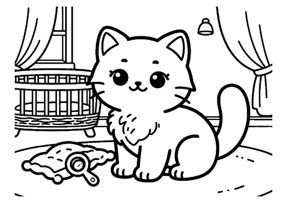 A fluffy kitten sitting alert beside a quilted wicker cradle in a charming room.