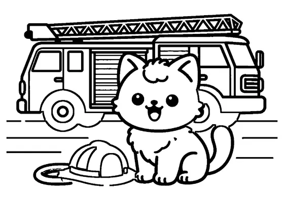 Un courageux chaton se repose dans un garage de caserne près d'un casque et d'un camion de pompiers.