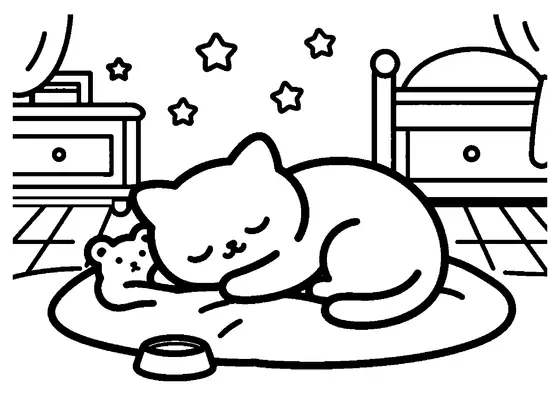 A tiny kitten sleeping soundly curled up on a soft cozy blanket.