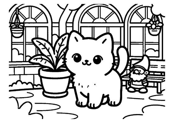 Dessin d'un tout petit chaton dans une véranda, près d'un grand pot de fougère et d'un nain de jardin.