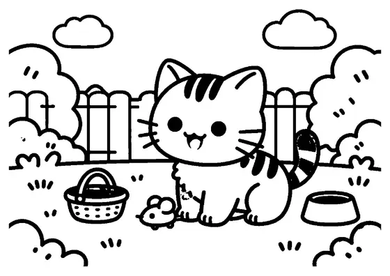 A kitten pawing at a small toy mouse on a sunny lawn.