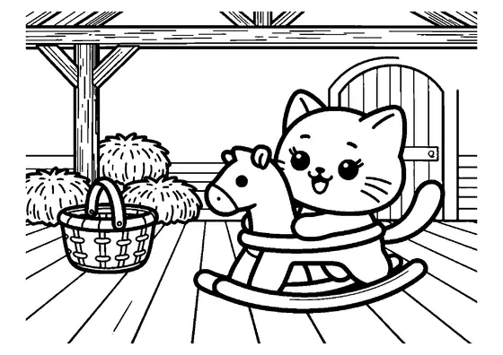 Un chaton joyeux allongé sur des planches dans une grange, à côté d'un cheval à bascule en bois et d'un panier de paille.
