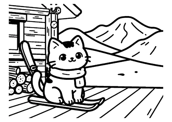 Un adorable chaton assis sur une véranda en bois près de skis et d'une écharpe en laine avec des sommets montagneux en arrière-plan.