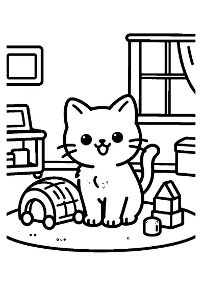 Un petit chaton en train de jouer près d'une arche en bois et de cubes dans une salle de jeux.