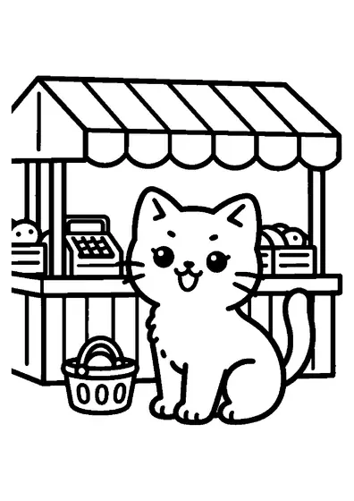 Petit chaton assis sur le comptoir près d'une caisse en bois sur un stand de marché de village.