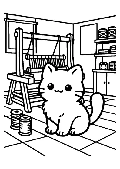 Un chaton joue avec des bobines de fil à côté d'un grand métier à tisser en bois.