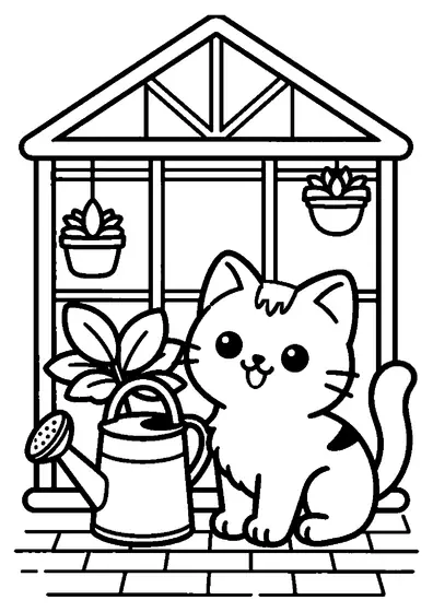 Un petit chaton assis entre des pots de fleurs à côté d'un arrosoir dans une serre ensoleillée.