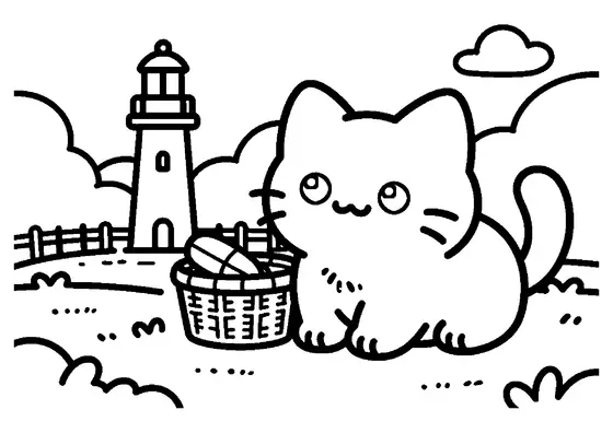 Un chaton souriant allongé près d'un panier en osier et d'une bouée sur une falaise herbeuse avec un phare en arrière-plan.