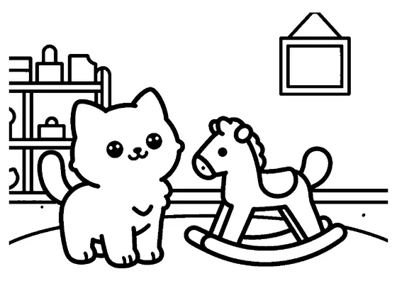 Gatito peludo sentado junto a un caballo de madera en la habitación