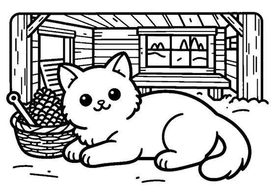 Chaton duveteux près d'un panier de pommes de pin dans un abri douillet en forêt.