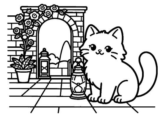 Chaton duveteux se prélassant près d'une vieille lanterne sur une terrasse.