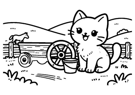 Un chaton duveteux assis sur un chemin de campagne près d'une grande roue de charrette et d'un seau d'eau dans un pré clôturé.