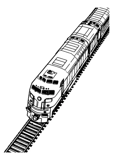 Comboio de passageiros com locomotiva aerodinâmica a viajar nos carris, oferecendo grandes áreas claras para colorir as carruagens e o telhado.