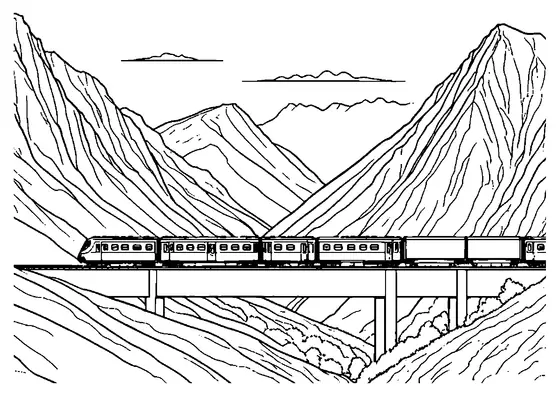 Comboio de passageiros a viajar sobre um viaduto de betão rodeado por altas montanhas com linhas bem definidas de encostas e nuvens no céu