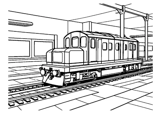 Um aparelho de nivelamento numa linha de estação parado junto a uma plataforma com cobertura, pronto para colorir para crianças entre 6 e 10 anos.