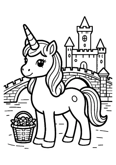 Dibujo para colorear de un unicornio de cuento junto a un puente de piedra que conduce a un castillo con torres.