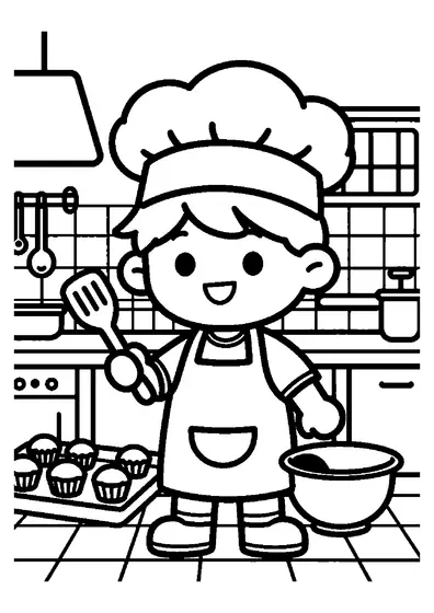 Un ragazzo con il cappello da cuoco prepara tortine sul piano di lavoro in una cucina soleggiata.