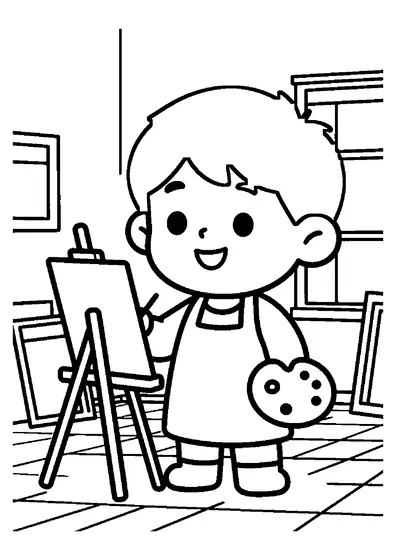 Planșă de colorat cu un băiat care pictează pe un șevalet într-un atelier de artă.