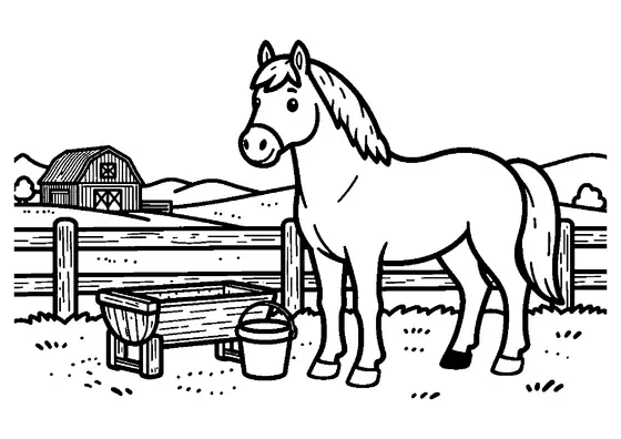 Dibujo para colorear de un caballo orgulloso en un cercado rural, junto a un abrevadero y un cubo.