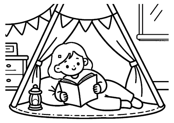 Una bambina in pigiama legge un libro nella tenda di stoffa della sua cameretta, circondata da morbidi cuscini.