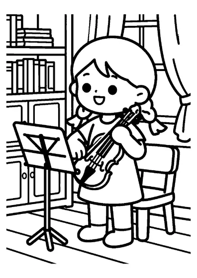 Una bambina si esercita con il violino in una stanza accogliente, accanto a una libreria piena di libri.