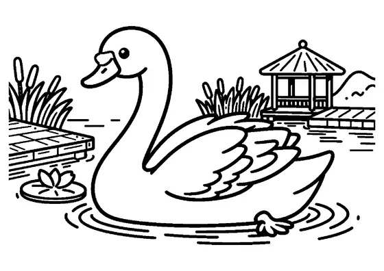 Dibujo para colorear de un cisne elegante nadando en un estanque, junto a un embarcadero de madera y un nenúfar con flor.