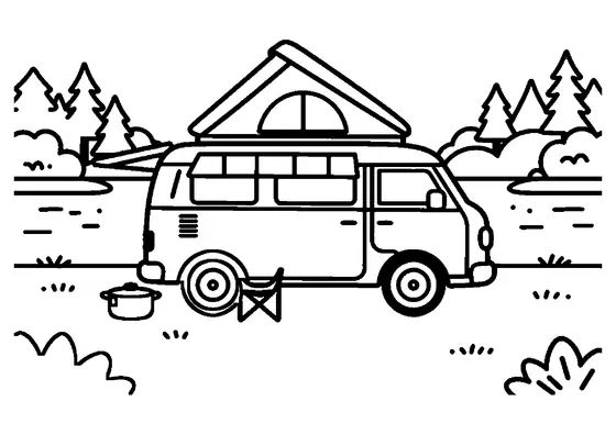 Una autocaravana con una silla plegable de acampada junto a un lago.