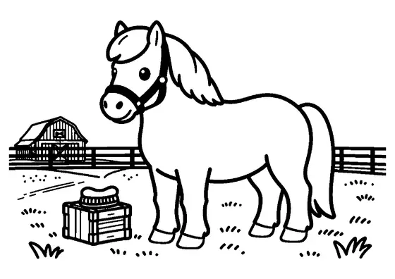 Un pequeño poni hucul de crin espesa está en un prado con hierba, junto a una cerca, un cajón con un cepillo y un granero al fondo.