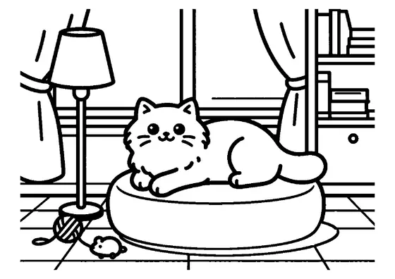 Un gato persa de pelo largo descansa sobre un puf redondo junto a una ventana, en un salón con lámpara y estantería.