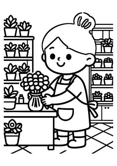 Una niña sonriente prepara un ramo de girasoles en la mesa de trabajo de una floristería.
