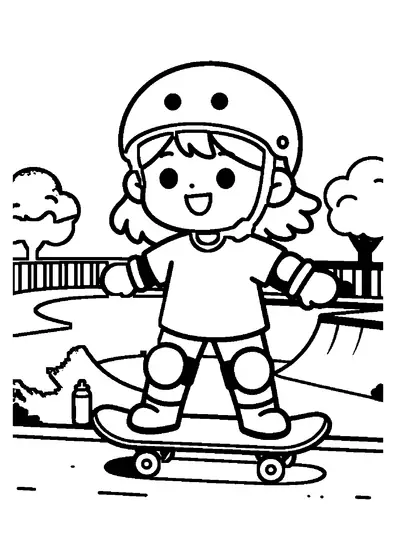 Una niña con casco recorre en monopatín un parque urbano con rampas curvas, barandillas, un banco, una botella de agua y árboles.