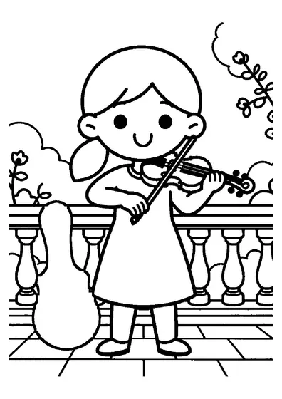 Una niña toca el violín en un balcón de piedra rodeado de rosales en flor.