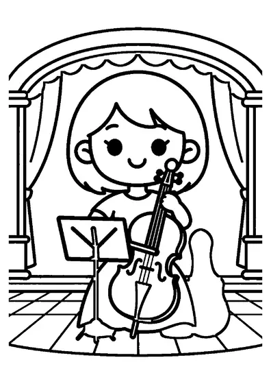 Una niña toca el violonchelo sentada sobre un escenario elevado en una sala de conciertos clásica.