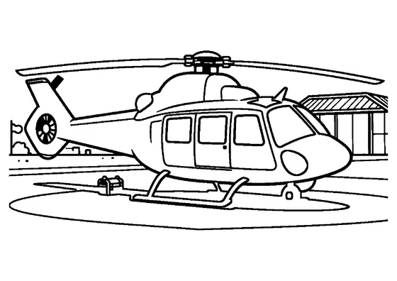 Planșă de colorat cu un elicopter modern staționat pe un heliport, având echipamente alături.