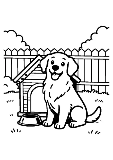 Planșă de colorat cu un câine rasa retriever vesel lângă o cușcă din lemn în curte.
