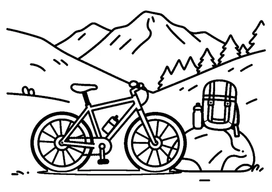 O bicicletă de munte oprită lângă un rucsac de drumeție pe o potecă montană.