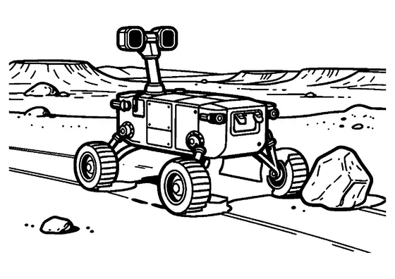 Rover marciano junto a un panel y muestra de roca, con cráter y meseta al fondo.