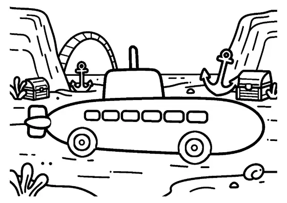 Submarino sobre el fondo marino, junto a un ancla y un cofre, con un arrecife y un arco de roca.