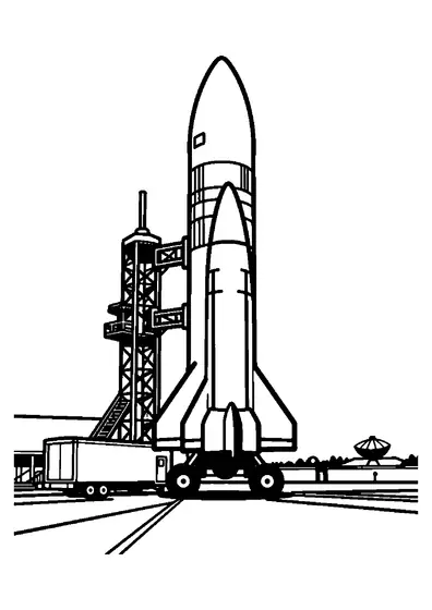 Cohete en una base espacial invernal con remolque de servicio, escalera y torre de lanzamiento.