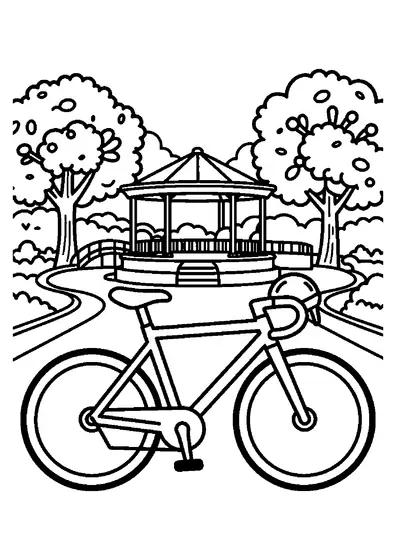Bicicleta con casco y bomba en un paseo, junto a un cenador, puente y castaños.