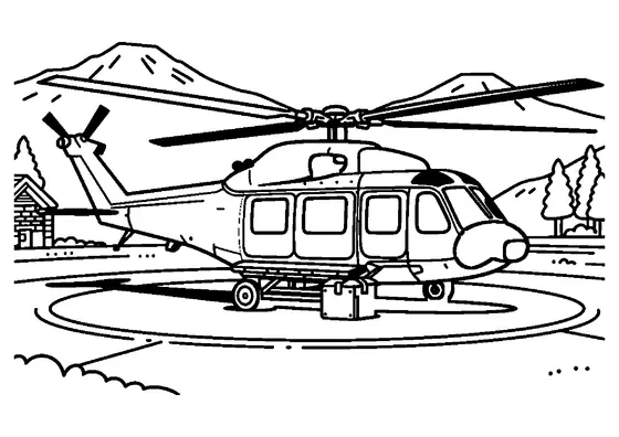 Helicóptero en un helipuerto de montaña con camilla, caja, refugio y abetos.